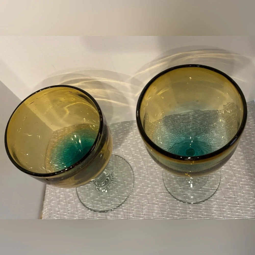 Pier 1 Imports Blue & Amber Hand Blown Thick Glass Goblets, 7 in. Set of Two